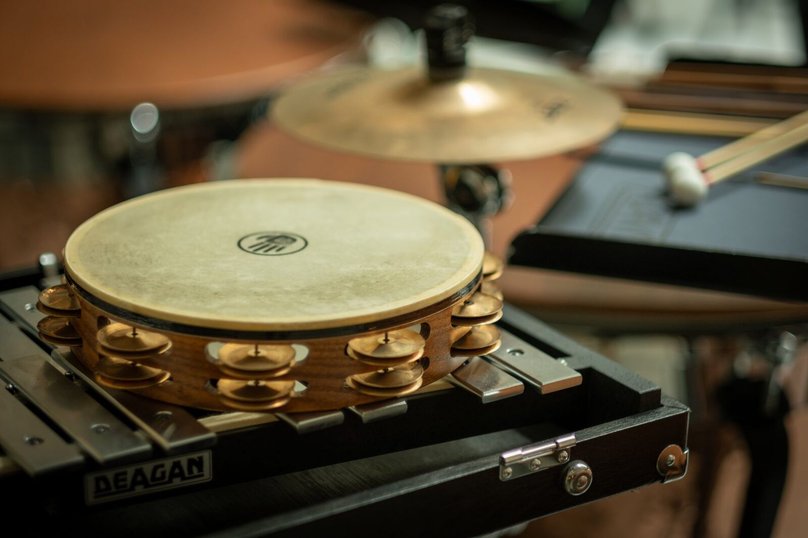 Percussion instruments with a tambourine in close-up